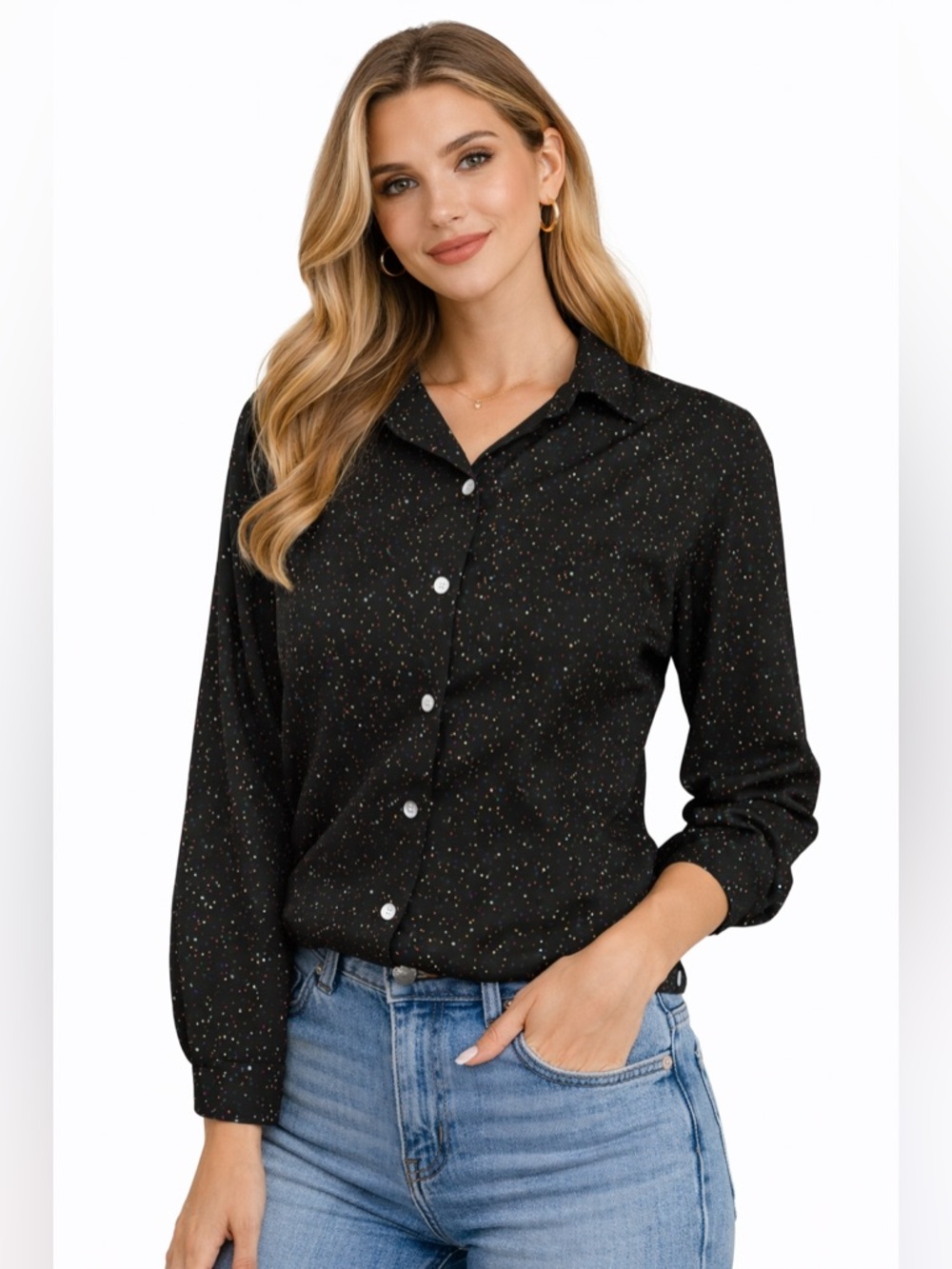 Vintage Black Confetti Dot Blouse Micro Polka Button Up Shirt Retro 90s